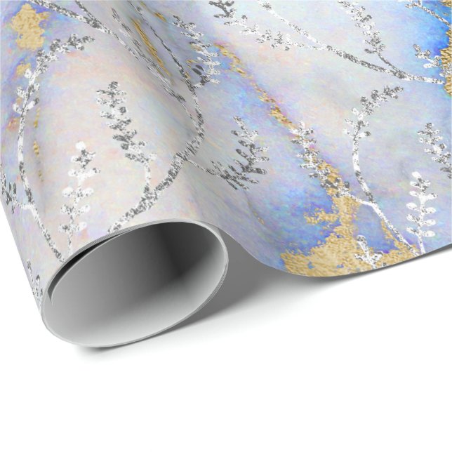Marble Silver Gray Blue Ocean Floral Foils Laurel Wrapping Paper (Roll Corner)