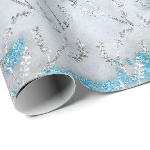Marble Silver Gray Ocean Floral Foil Laurel Wrapping Paper