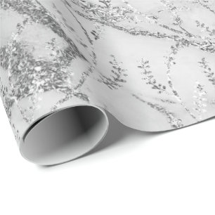 Marble Silver Gray White Floral Foil Laurel Wrapping Paper