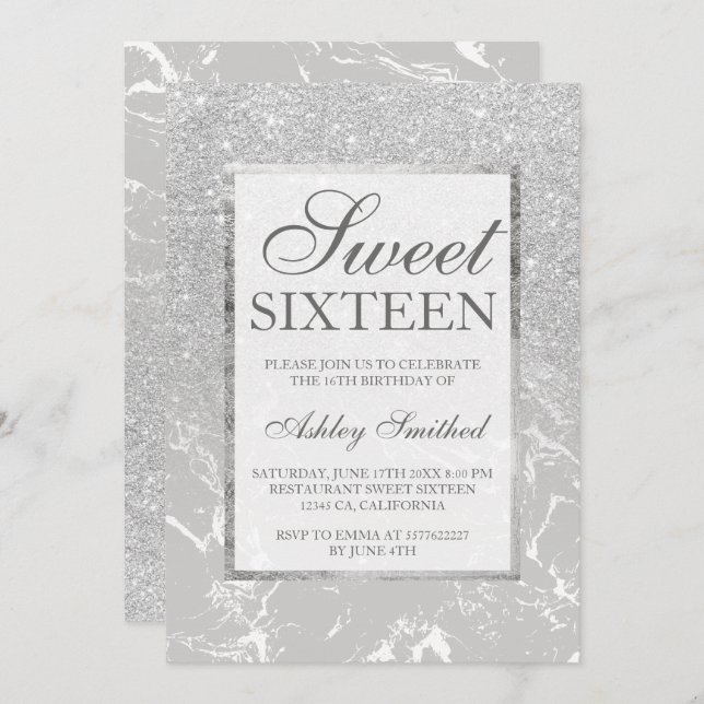 Marble silver grey glitter elegant chic Sweet 16 Invitation (Front/Back)