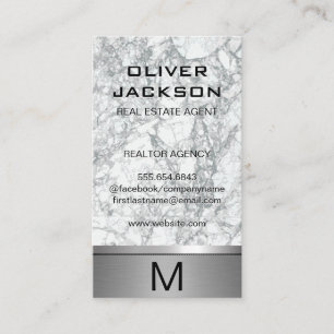 Marble Silver Metallic Trim Monogram Lux Business Card