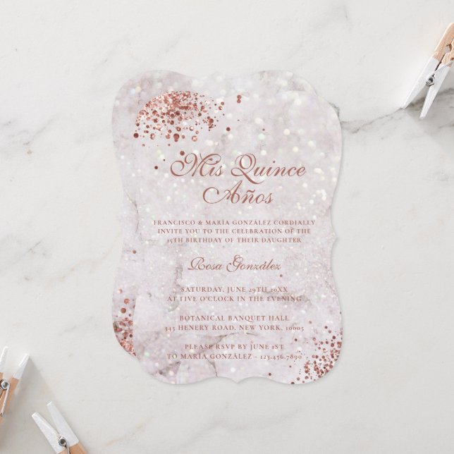 Marble Sparkle Rose Gold Glitter Quinceañera Invitation (Front/Back In Situ)