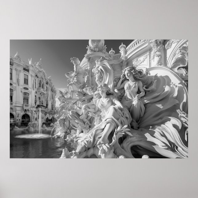 Marble statue fountain in Italian piazza B&W photo Poster (Front)