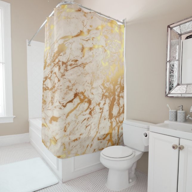 Marble Stone Abstract Creamy Carrara Gold Luxury Shower Curtain (In Situ)