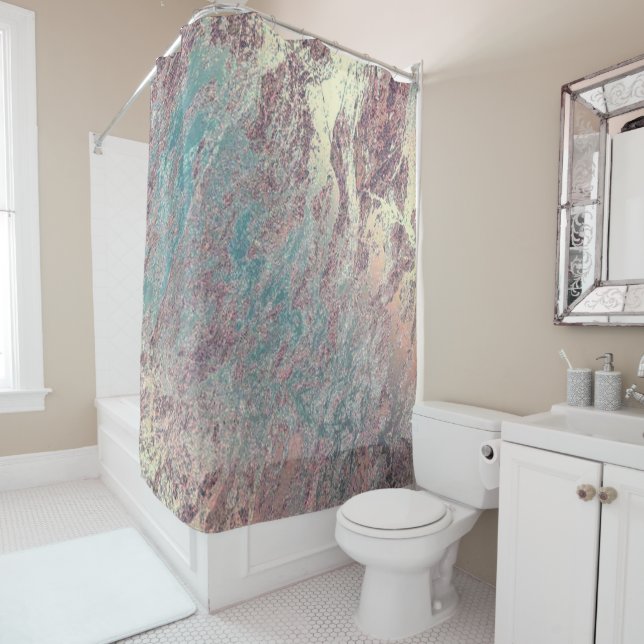Marble Stone Abstract Metallic Teal Rose Luxury Shower Curtain (In Situ)