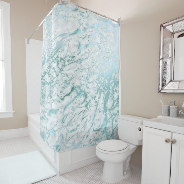 Marble Stone Abstract White Carrara Blue Teal Shower Curtain (In Situ)
