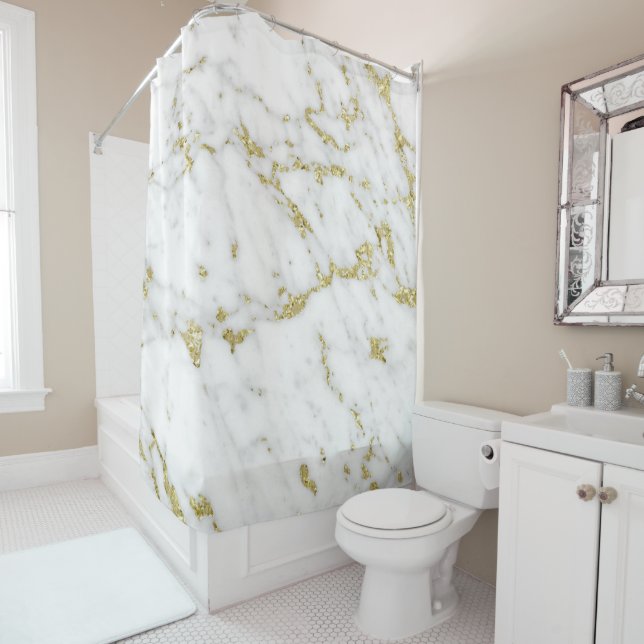Marble Stone Abstract White Carrara Gold Gray Shower Curtain (In Situ)