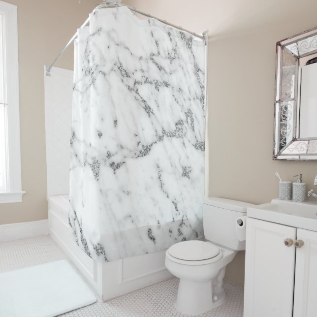 Marble Stone Abstract White Carrara Silver Gray Shower Curtain (In Situ)