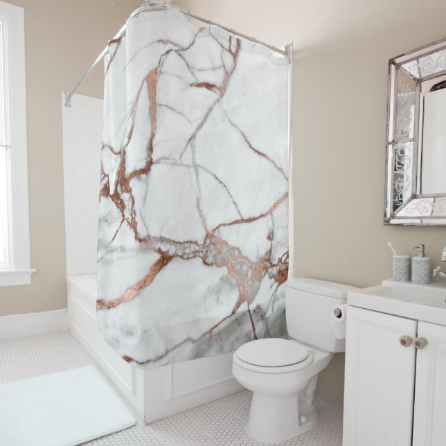 Marble Stone Abstract White Grey Copper Rose Gold Shower Curtain (In Situ)