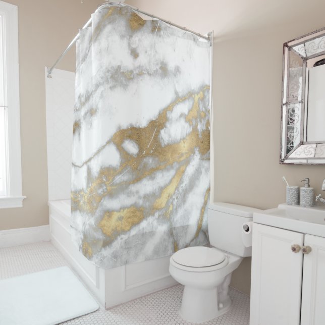 Marble Stone Abstract White Grey Silver Gold Carra Shower Curtain (In Situ)