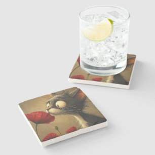 Marble Stone Coaster Black & White Cat Red Flower