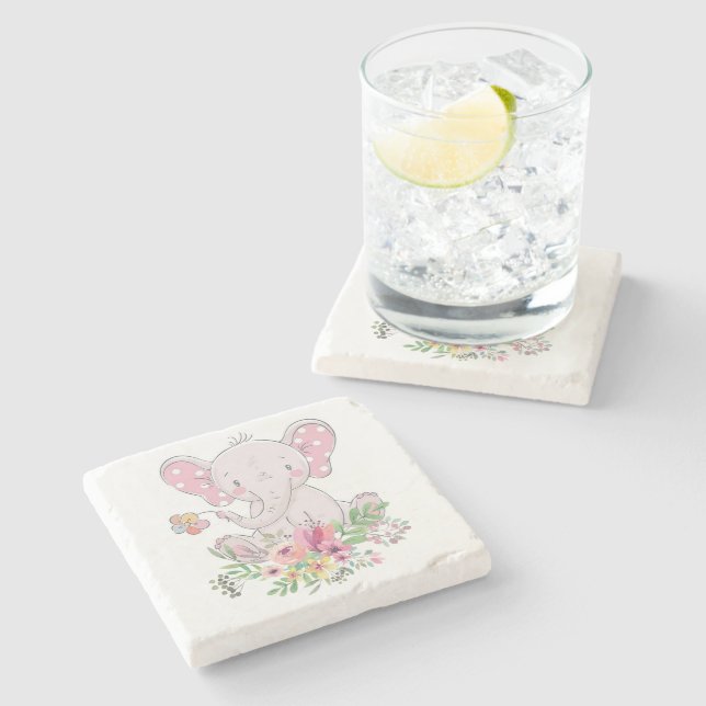 Marble Stone Coaster Pink Elephant Floral  (Side)