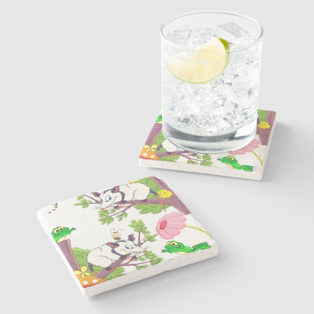 Marble Stone Coaster Possum Chicks Frog Floral  (Side)