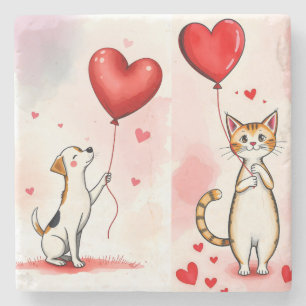 Marble Stone Coaster Valentine's Day Cat Dog Heart