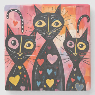 Marble Stone Coaster Valentine's Day Cat Red Heart