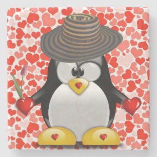 Marble Stone Coaster Valentine's Day Penguin