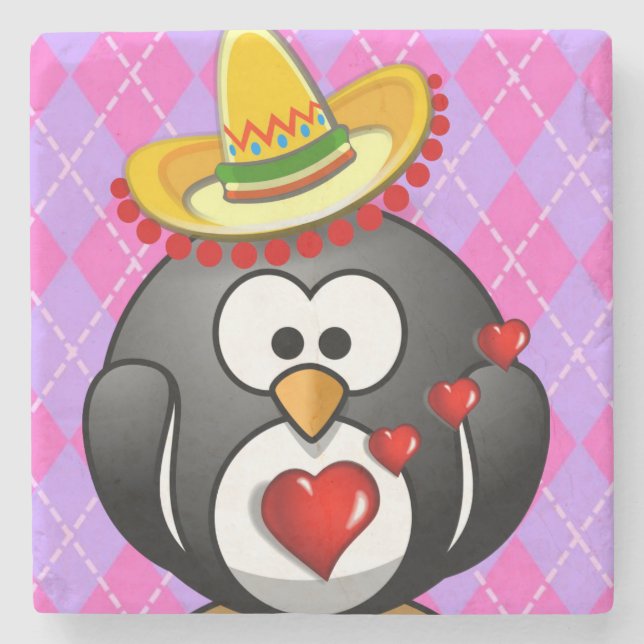 Marble Stone Coaster Valentine's Day Penguin (Front)