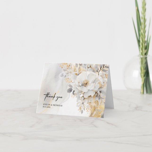 Marble Stone Gold Grey Gold Floral Wedding PHOTO Thank You Card (Front)