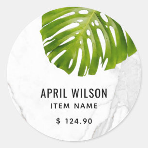 MARBLE STONE GREEN MONSTERA LEAF FOLIAGE PRICE CLASSIC ROUND STICKER
