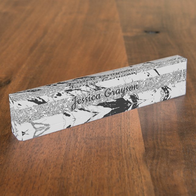 Marble Stone Grey Silver Glitter Elegant Luxury Nameplate (Side)