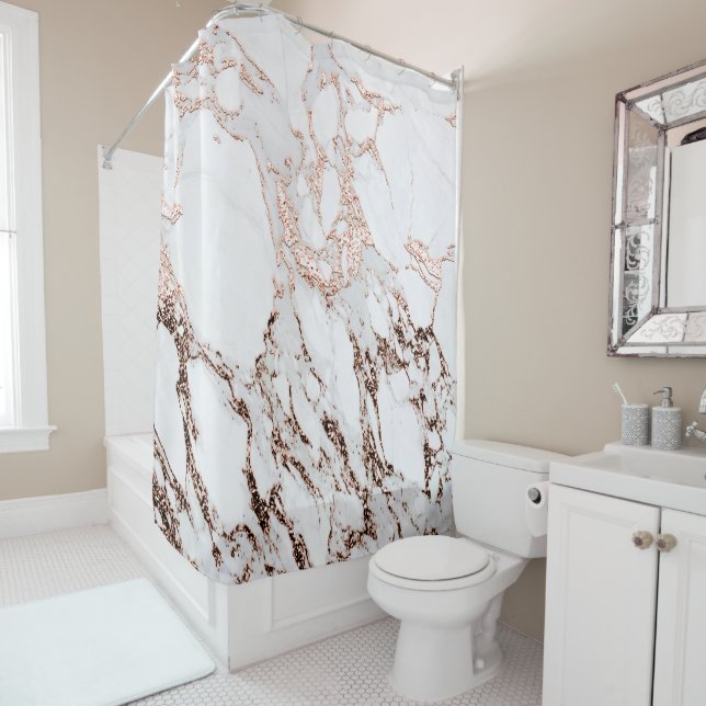 Marble Stone Metallic Copper  White Carrara Gray Shower Curtain (In Situ)