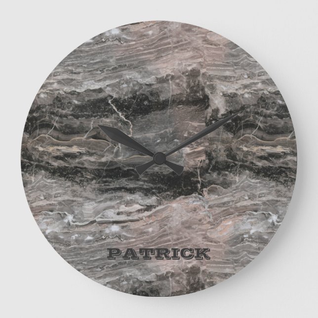 Marble Stone  Pattern in Grey Tones Monogram Large Clock (Front)