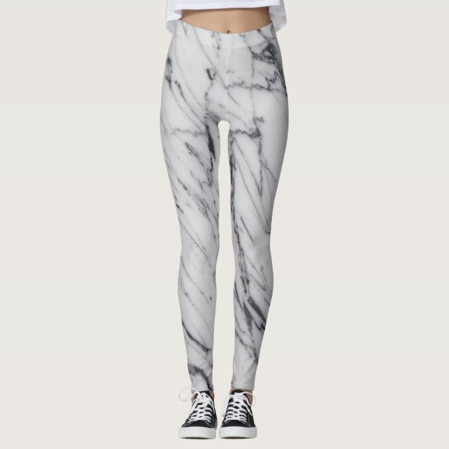 Marble Stone Pattern White Black Abstract Active Leggings (Front)