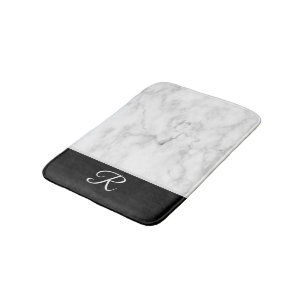 Marble Style Black White Monogram Initial Bath Mat