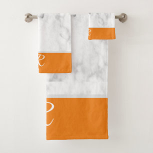 Marble Style Orange Monogram Initial Bathroom Bath Towel Set