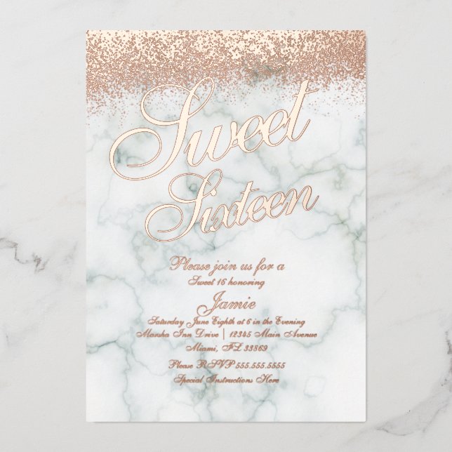 Marble Sweet Sixteen Rose Gold Pressed Glitter (Front)