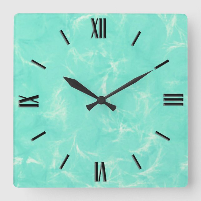 Marble swirl print - aqua blue square wall clock (Front)