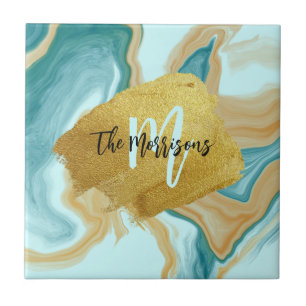 Marble Teal Brown Gold Brush Template name initial Tile