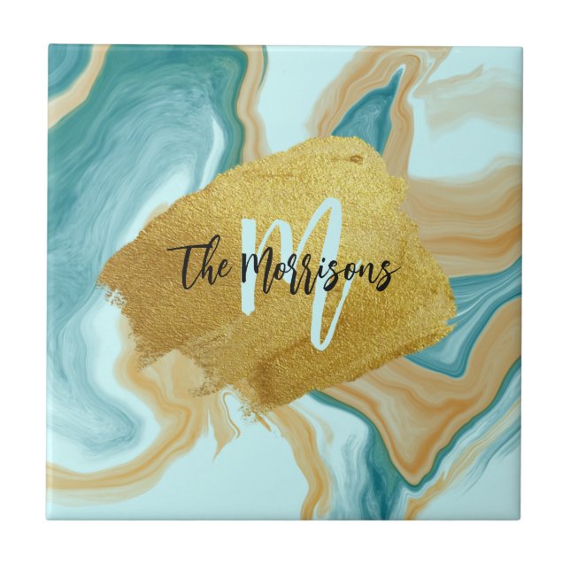 Marble Teal Brown Gold Brush Template name initial Tile (Front)
