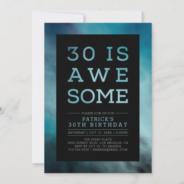 Marble Teal Modern Typography 30th Birthday Party Invitation (Front)