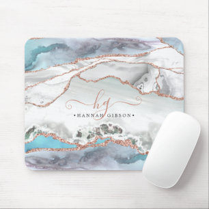 Marble Teal Rose Gold Glitter Script Monogram Mous Mouse Mat