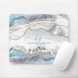 Marble Teal Rose Gold Glitter Script Monogram Mouse Mat