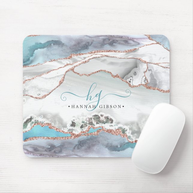 Marble Teal Rose Gold Glitter Script Monogram Mouse Mat (With Mouse)