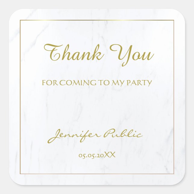 Marble Template Thank You Hand Script Text Gold Square Sticker (Front)