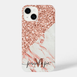 Marble Texture and Rose Glitter iPhone 14 Case