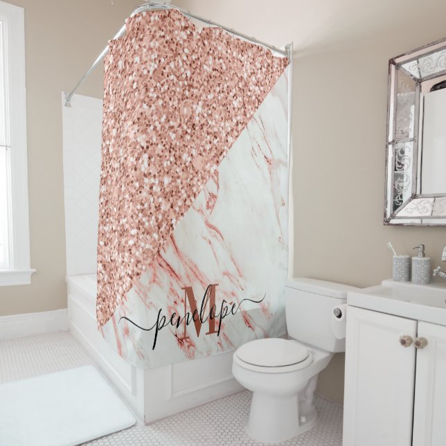 Marble Texture and Rose Glitter Shower Curtain (In Situ)