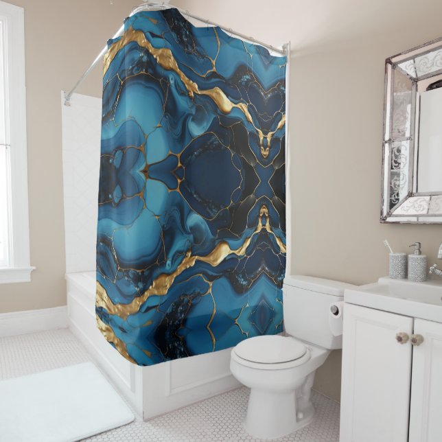 Marble texture blue gold Shower Curtain (In Situ)