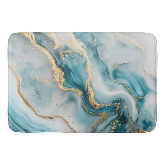 Marble texture blue teal gold bath mat (Front)