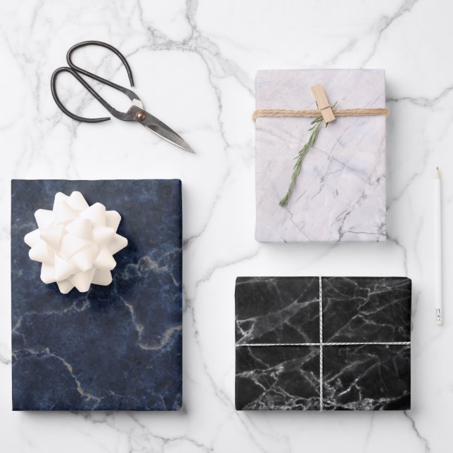 Marble Texture Pattern Blue White Black Wrapping Paper Sheet (Front)