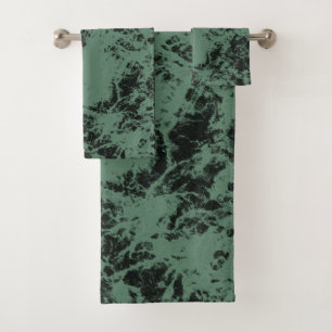Marble texture pattern in black and green bath towel set