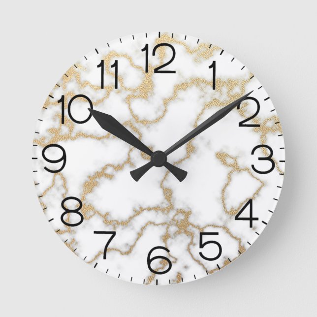 Marble Texture White Gold Modern Luxury Minimal Round Clock (Front)