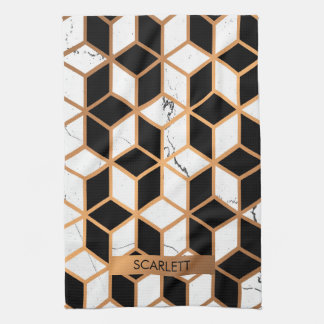 Marble Texture With Golden Cubes Tea Towel