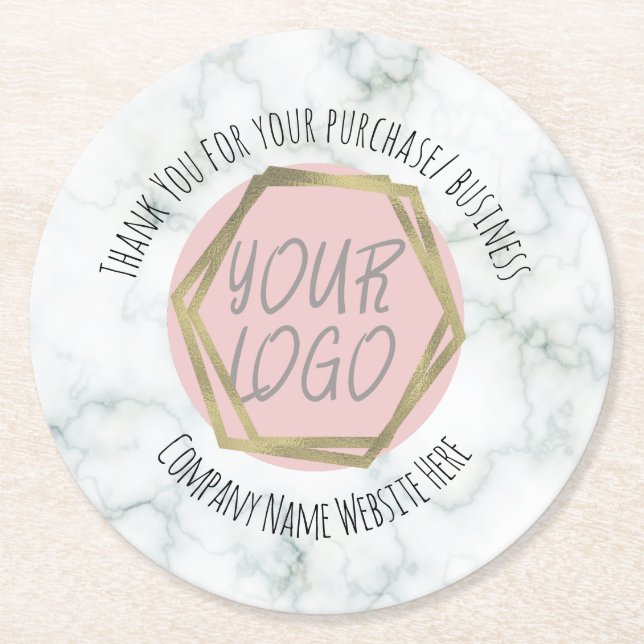 Marble Thank You Business Logo  Round Paper Coaster (Front)