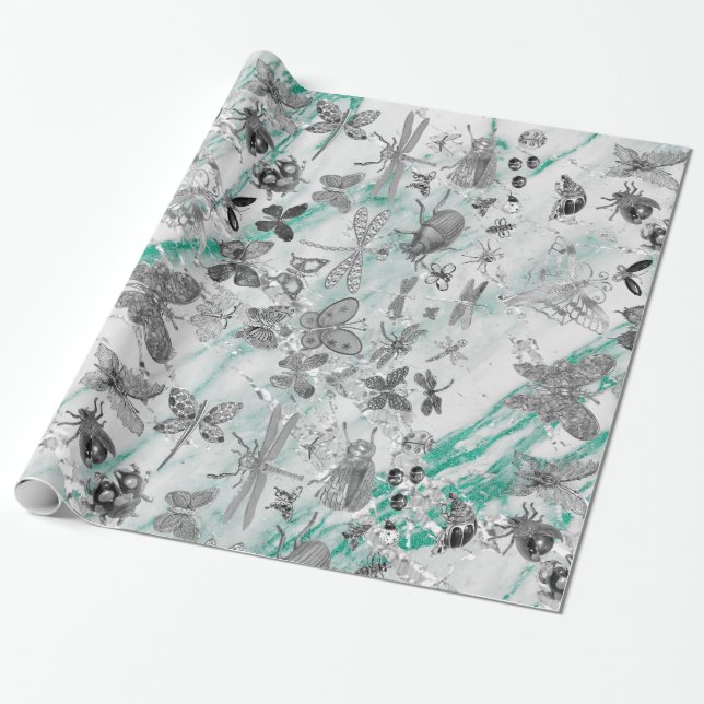 Marble Tiffany Gray Meadow Butterfly Insects Gems Wrapping Paper (Unrolled)