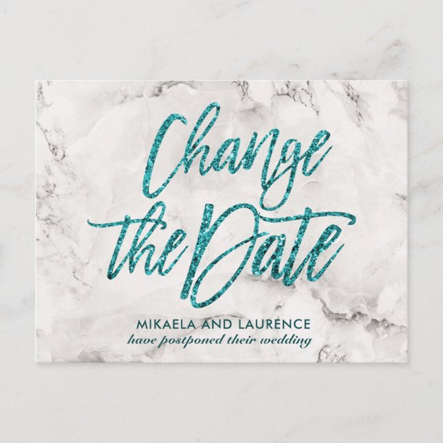 Marble Tourquoise glitter script change the date Announcement Postcard (Front)