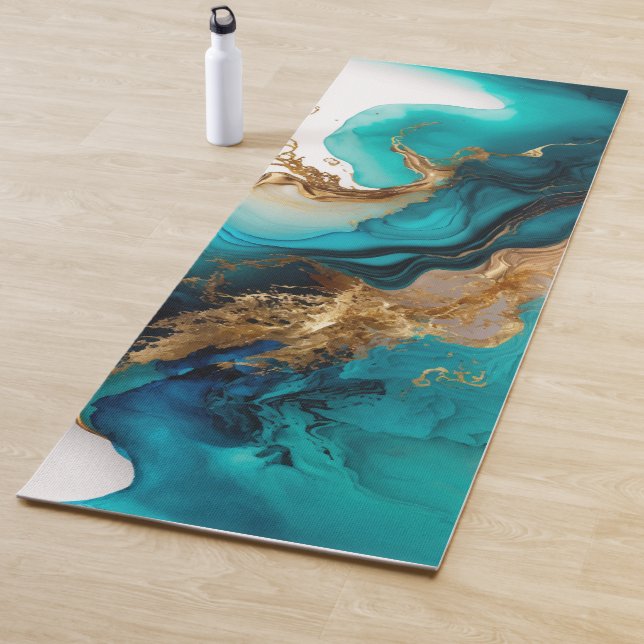 Marble Watercolor Aqua Teal Gold Yoga Mat (In Situ)